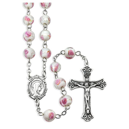 8mm Pink Venetian Glass Encased Rose Bead Rosary