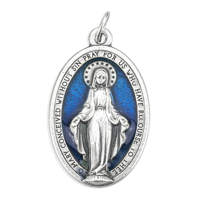 1 5/16" Blue Epoxied Our Lady of Grace Medal Silver Plated