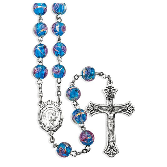 8mm Blue Venetian Glass Encased Rose Bead Rosary