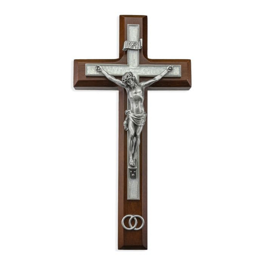 10" Walnut Wood and Pearlized Cross with a Pewter Corpus and Wedding Rings